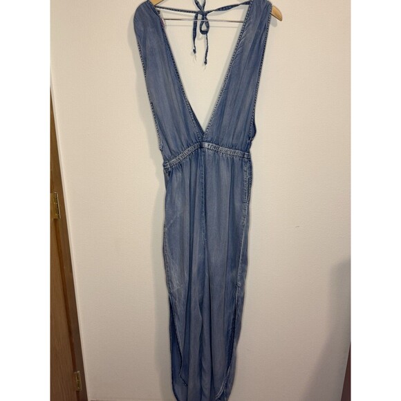 Mazik Jumpsuit Womens M Blue Chambray Sleeveless Wrap Front Tie Neck Boho Beachy - Picture 5 of 12